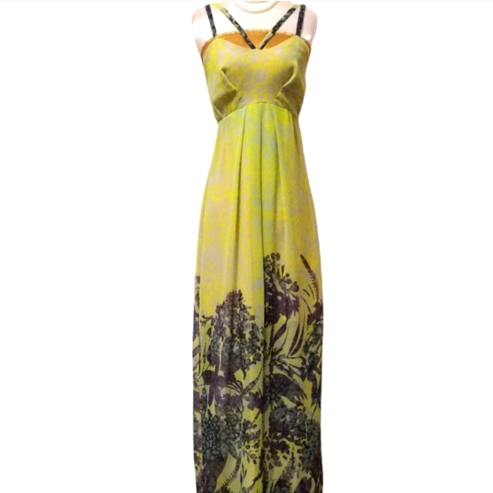 Yoana Baraschi Floral Print Strappy Front and Back Special Occasion Maxi Dress